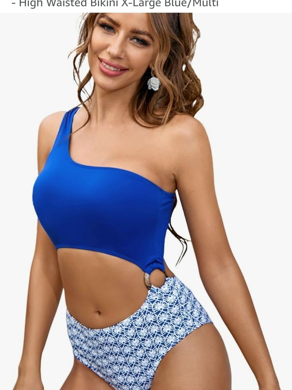 One-Shoulder Blue Floral Cutout High Waisted Bikini